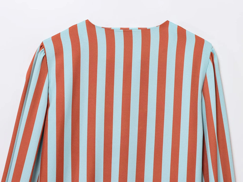 ZBZA Women's Loose Fit Striped Print Shirt O-neck Puff Sleeve Single Breasted Simple Casual Top Spring Summer Female Chic Blouse