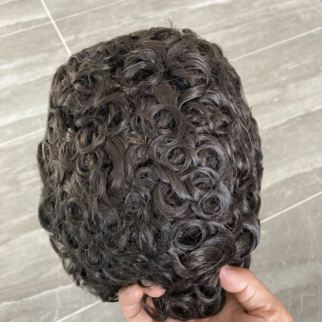 Men 26mm Natural Curly Human Hair Toupee Hair Replacement Capillary Prosthesis 100% Human Hair Durable skin Base Poly Easy Wear