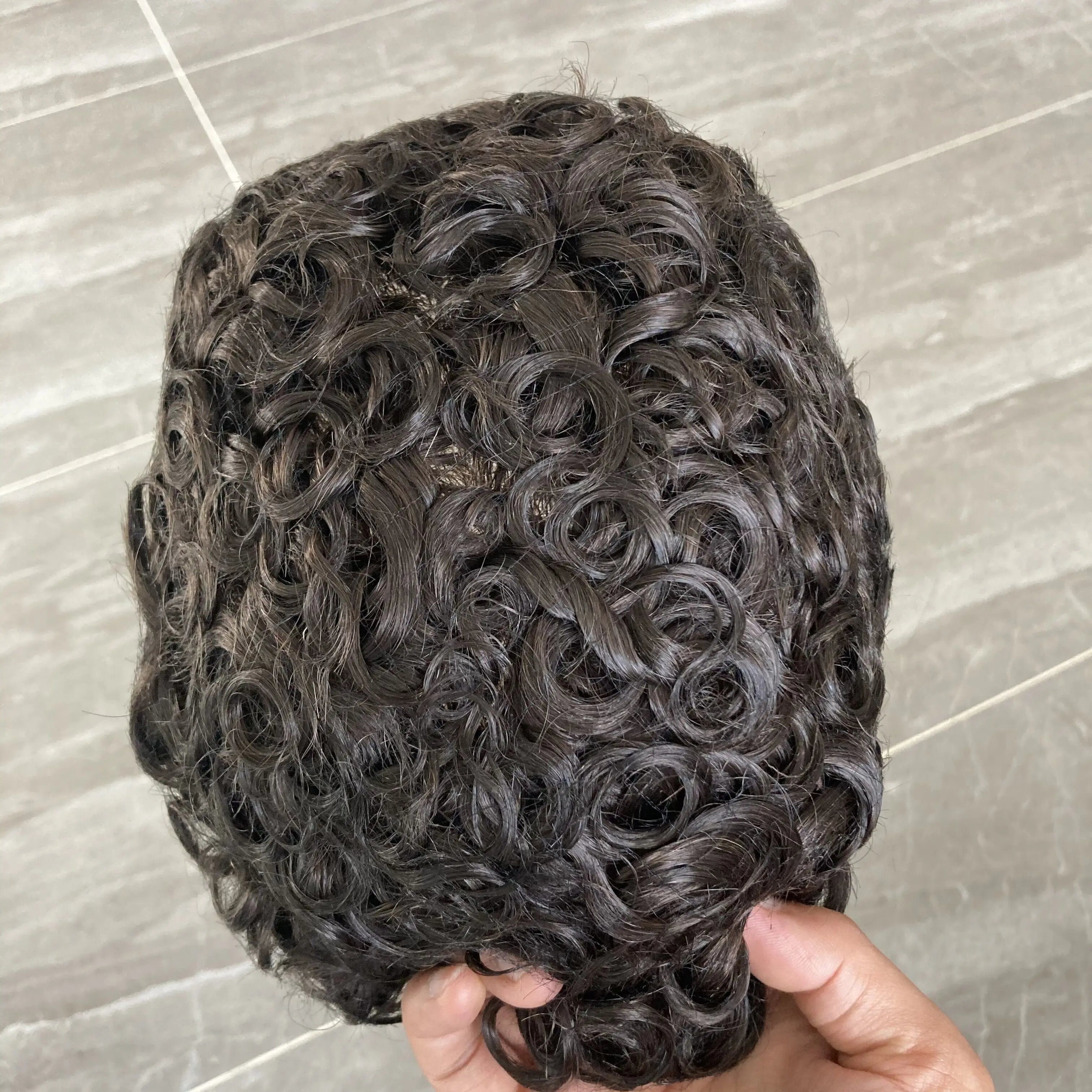 Men 26mm Natural Curly Human Hair Toupee Hair Replacement Capillary Prosthesis 100% Human Hair Durable skin Base Poly Easy Wear