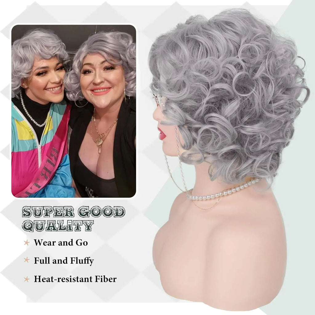 Synthetic Old Lady Wig Costume Set for Women Short Curly Grandma Wig and Glasses Silver White Granny Wig Cosplay Halloween Party