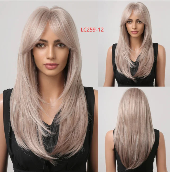 Element Synthetic Fiber Wigs for Women Long Straight Wavy Brown Blonde Wig with Bangs Heat Resistant Fashion Natural Daily Party