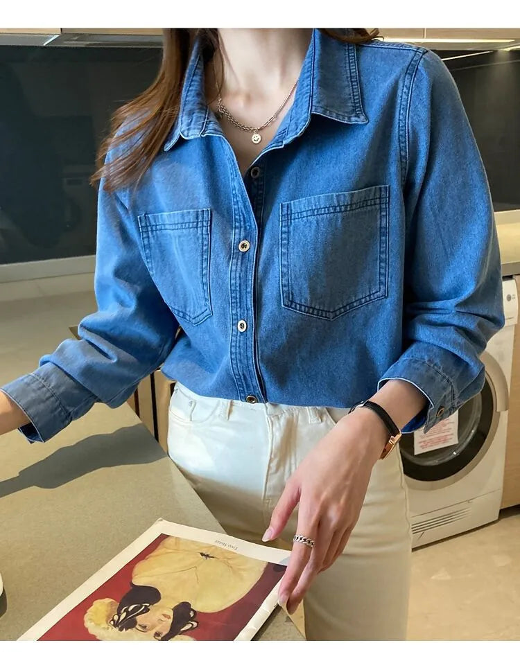 Retro Blue Shirt Denim Shirt for Women Autumn 2025 New Design Shirts Long Sleeved Solid Single Breasted Jeans Jacket for Women