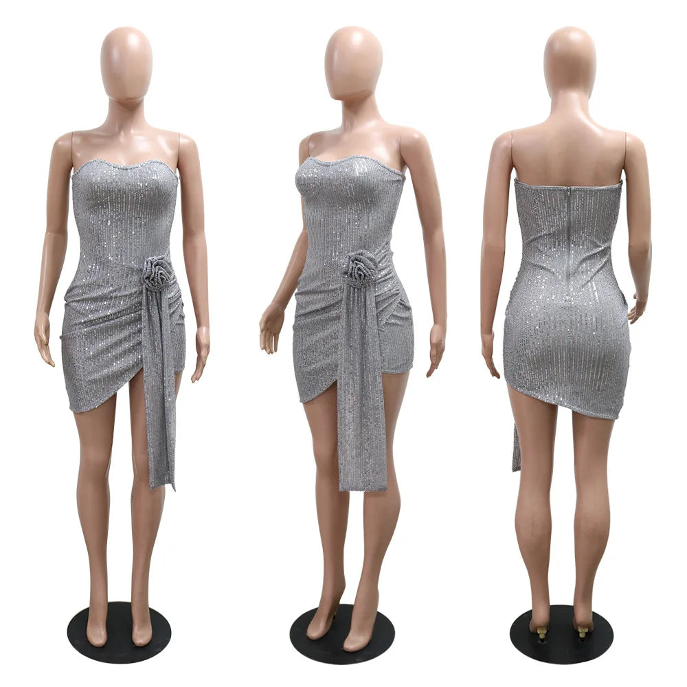 Strapless Sexy Sequin Dress Women Party Dresses Sleeveless Bodycon Vestidos Slim Night Club High Waist Knee Length Patchwork