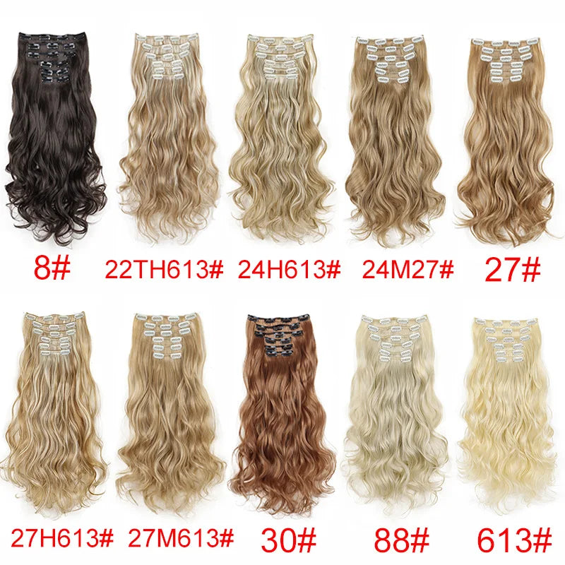 16Clips Synthetic 24Inch Long Curly Hair Hairpiece Heat Resistant Hair Extension Clips In Black Brown Blonde for Women