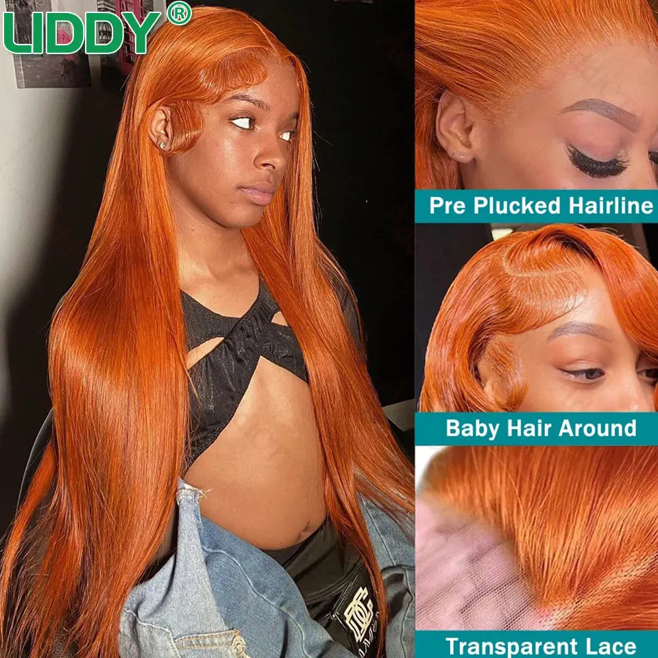 30 Inch Straight Orange Ginger Lace Front Wigs Human Hair 350 Colored Brazilian 360 HD Transparent Lace Frontal Wigs For Women
