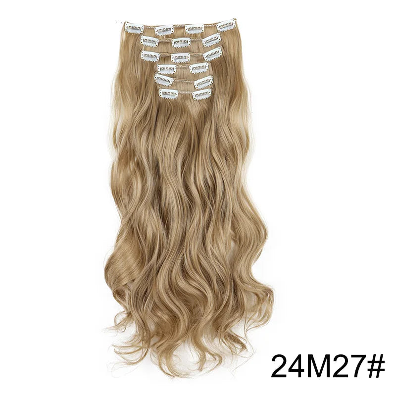 16Clips Synthetic 24Inch Long Curly Hair Hairpiece Heat Resistant Hair Extension Clips In Black Brown Blonde for Women