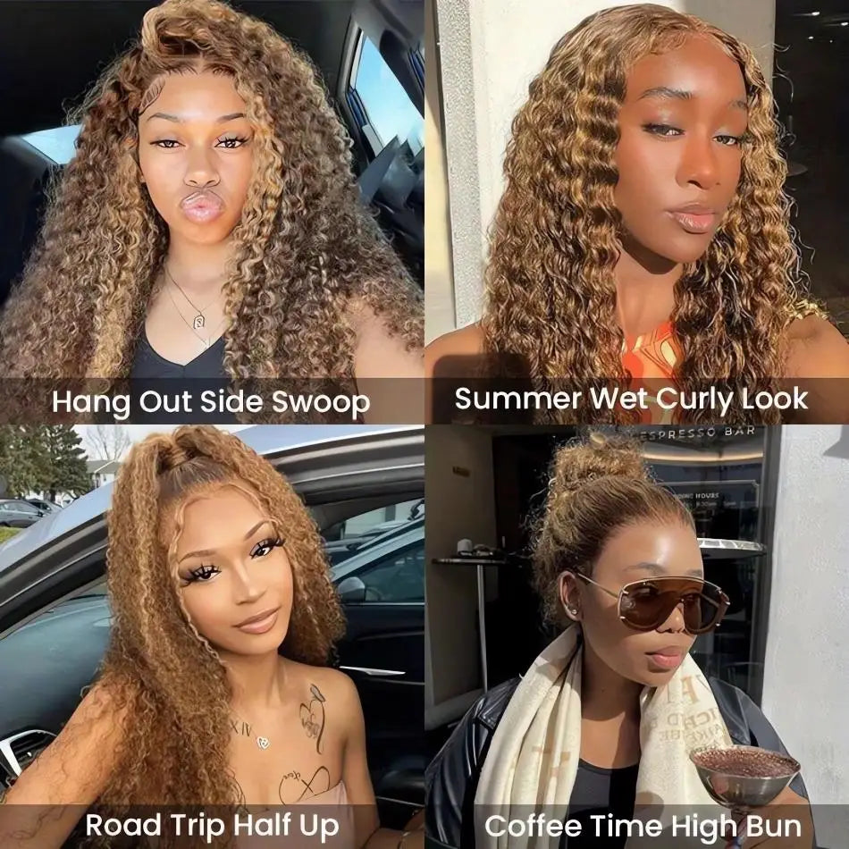 200 Density Invisible Strap Highlight Curly 360 Full Hd Lace Front Wig Honey Blonde Deep Wave Frontal Glueless Wig Human Hair
