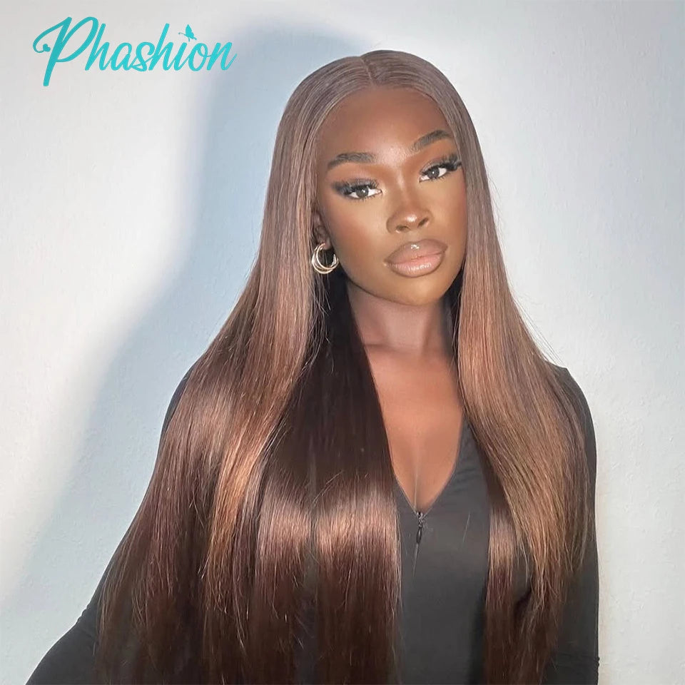 Phashion #4 Chocolate Brown  Straight Bundles Weave With 2x6 Lace Closure Human Hair Colored 100% Remy Brazilian Hair Extensions