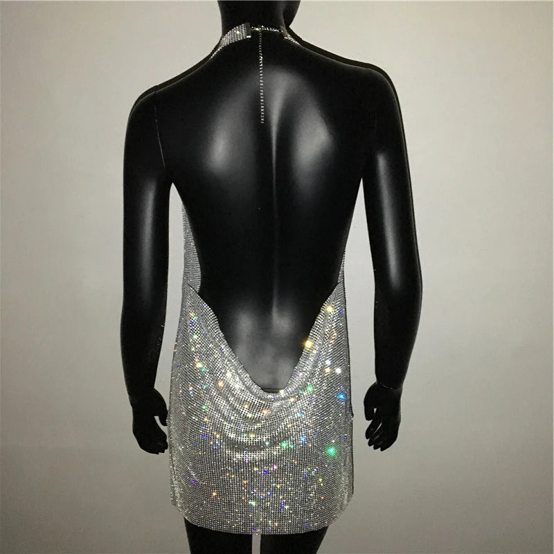 Bling Rhinestone Backless Dress Sexy Deep V Neck Sleeveless Side Split Halter Dress Nightclub Party Evening Dresses