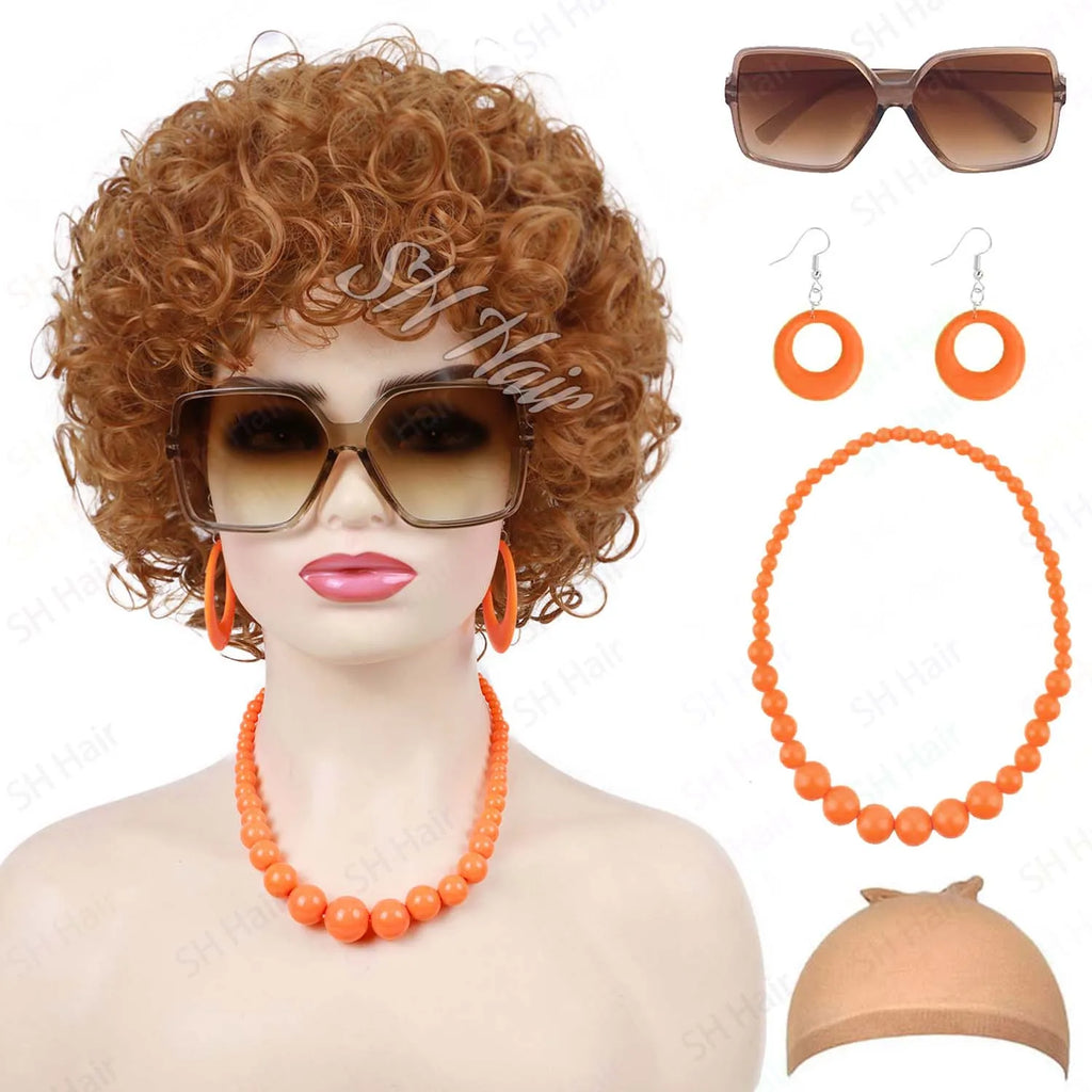Synthetic Old Lady Wig Costume Set for Women Short Curly Grandma Wig and Glasses Silver White Granny Wig Cosplay Halloween Party