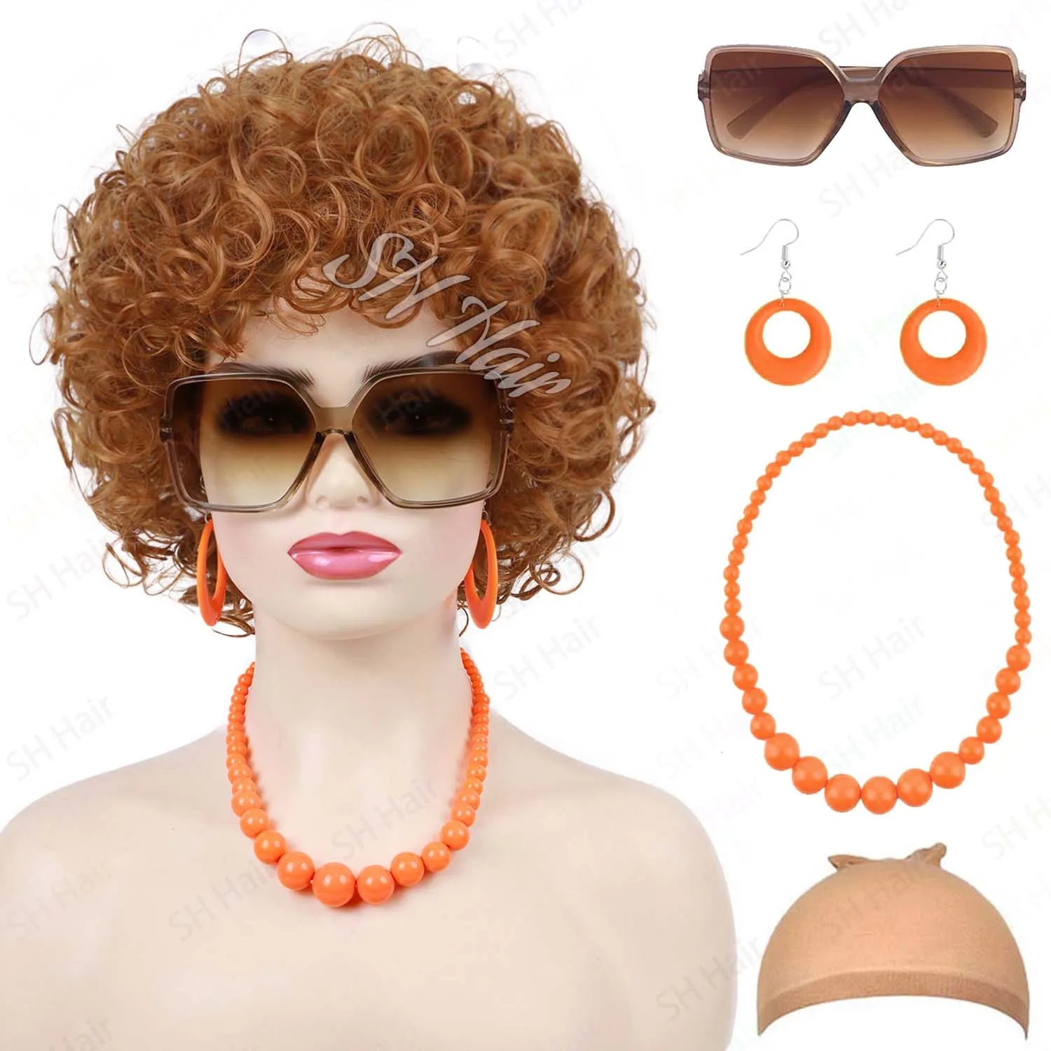 Synthetic Old Lady Wig Costume Set for Women Short Curly Grandma Wig and Glasses Silver White Granny Wig Cosplay Halloween Party