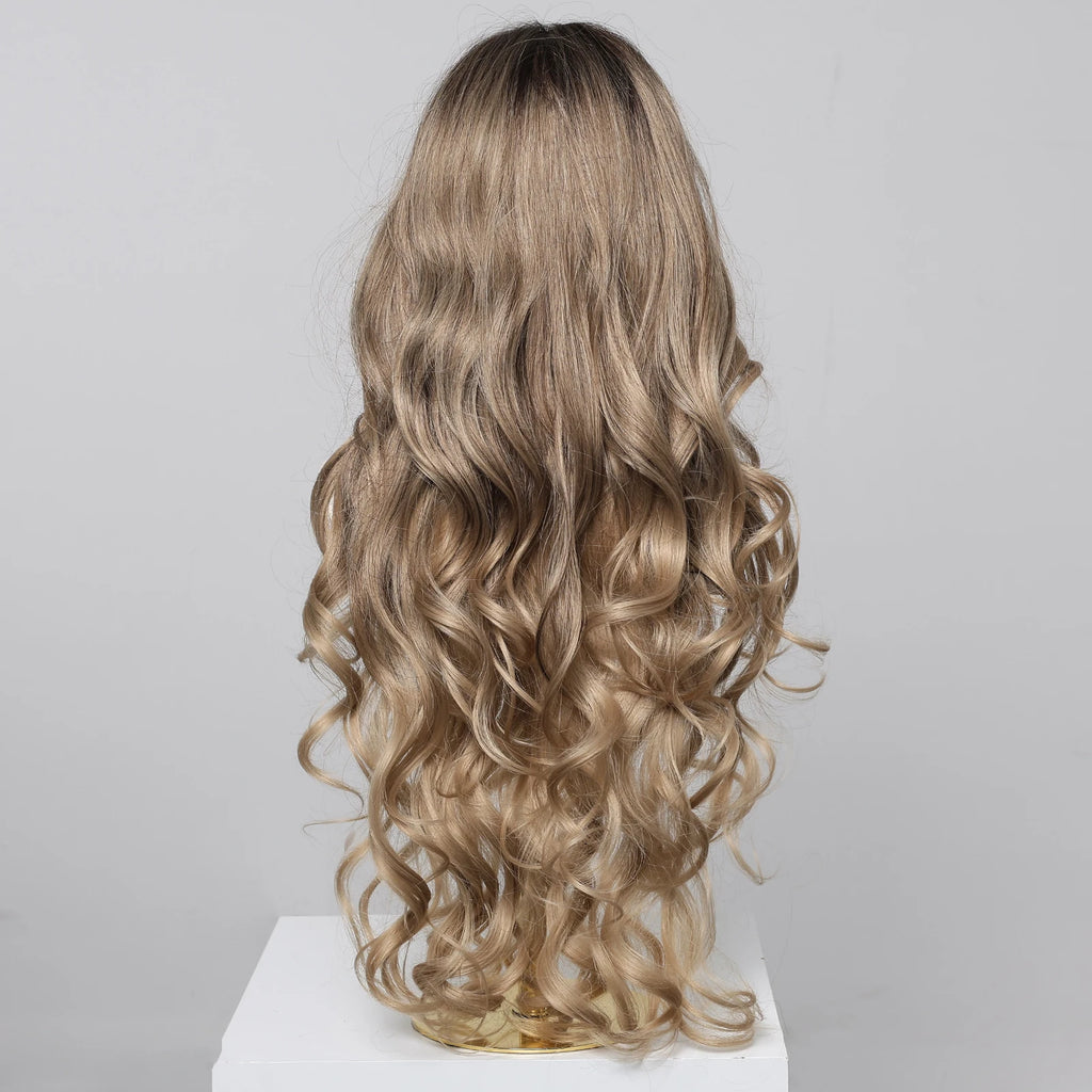 Loose Body Wave Synthetic Wigs Long Brown Blonde Ombre Wig with Bangs Wave Curl Wigs for Black Women Heat Resistant Daily Party