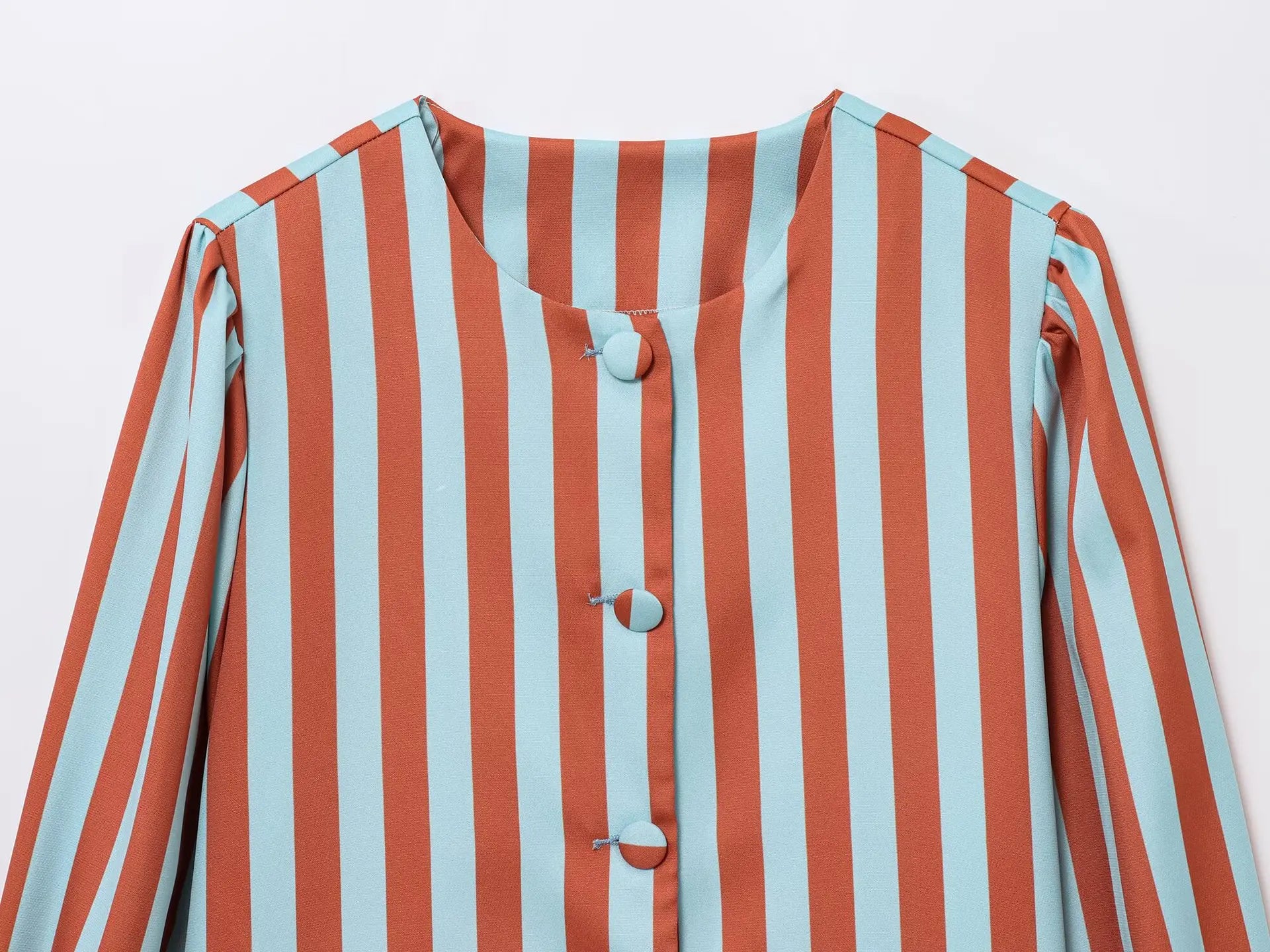 ZBZA Women's Loose Fit Striped Print Shirt O-neck Puff Sleeve Single Breasted Simple Casual Top Spring Summer Female Chic Blouse