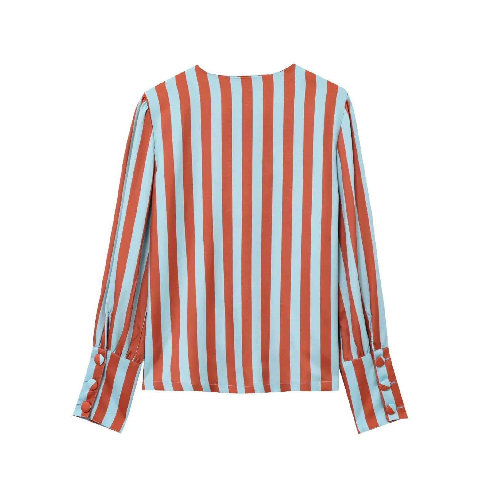 ZBZA Women's Loose Fit Striped Print Shirt O-neck Puff Sleeve Single Breasted Simple Casual Top Spring Summer Female Chic Blouse