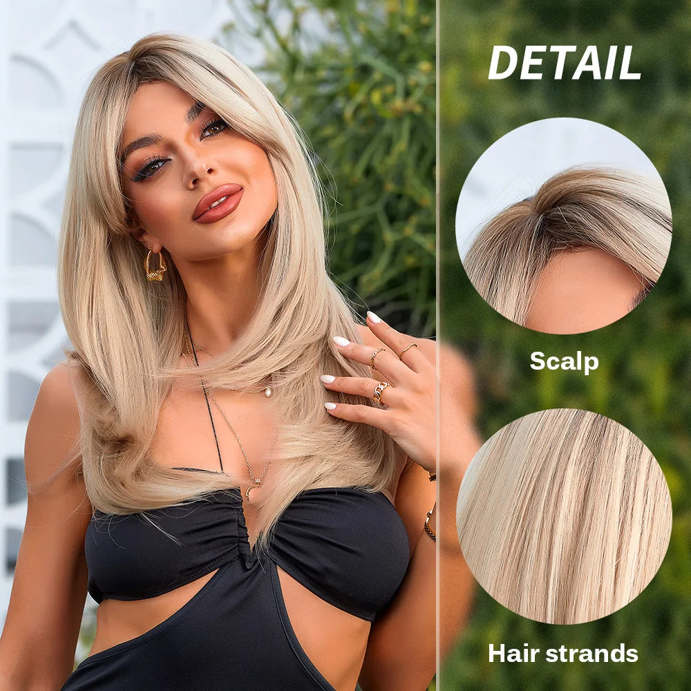 Element Synthetic Fiber Wigs for Women Long Straight Wavy Brown Blonde Wig with Bangs Heat Resistant Fashion Natural Daily Party