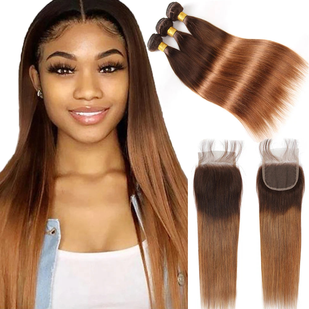 Ombre Bundles With Closure Brazilian Hair Weave Bundles With Closure Brown T4/30 Colored Human Hair Bundles With Closure