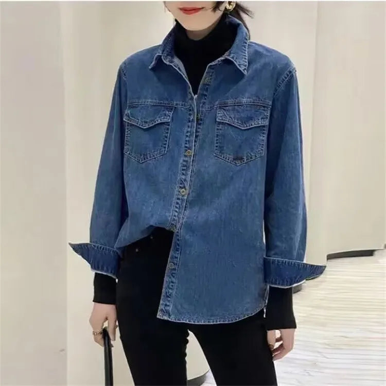 Retro Blue Shirt Denim Shirt for Women Autumn 2025 New Design Shirts Long Sleeved Solid Single Breasted Jeans Jacket for Women
