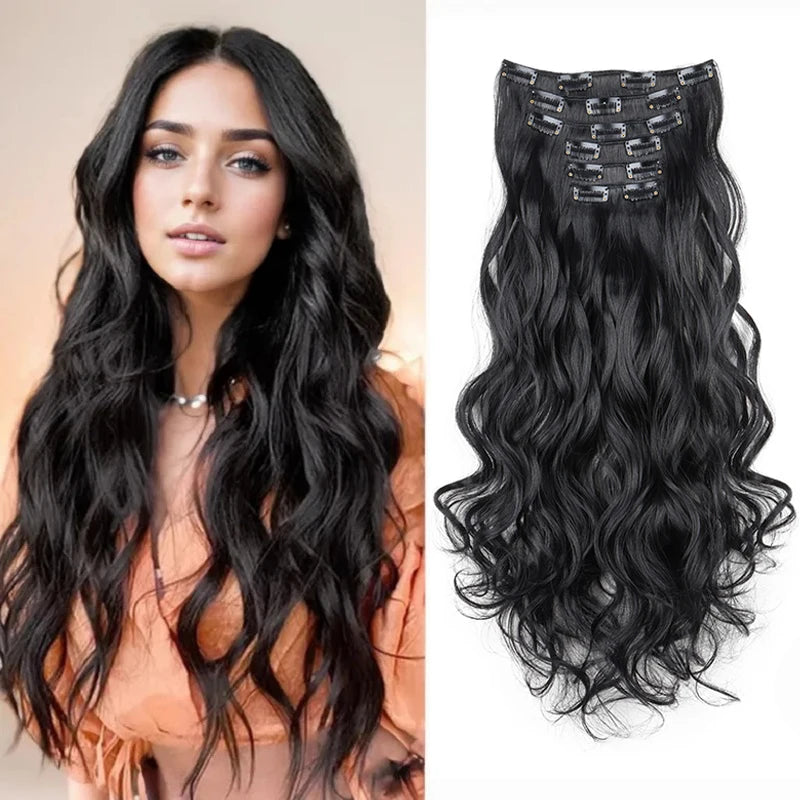 16Clips Synthetic 24Inch Long Curly Hair Hairpiece Heat Resistant Hair Extension Clips In Black Brown Blonde for Women