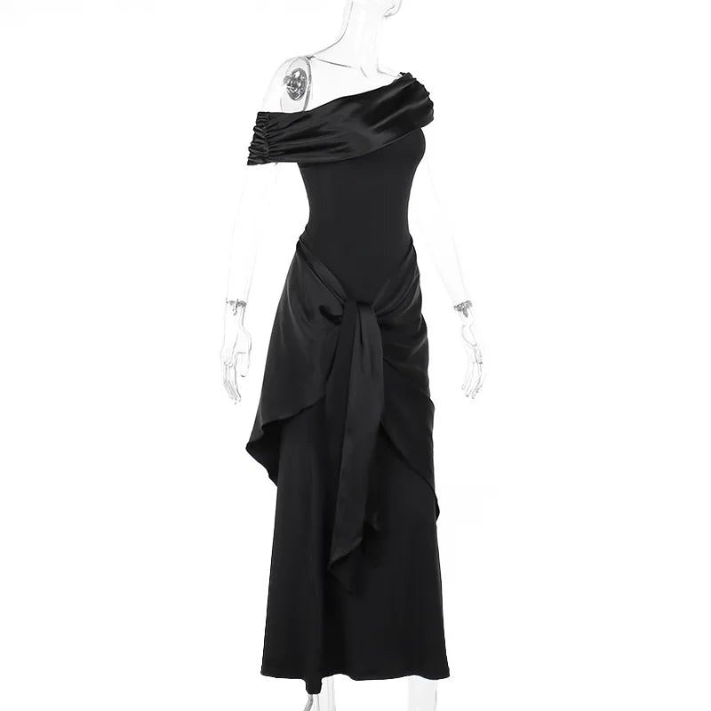 New Party Evening Dresses Elegant Black Slash Neck Maxi Dress For Women Fashion Short Sleeve Bodycon Banquet Vestidos Female