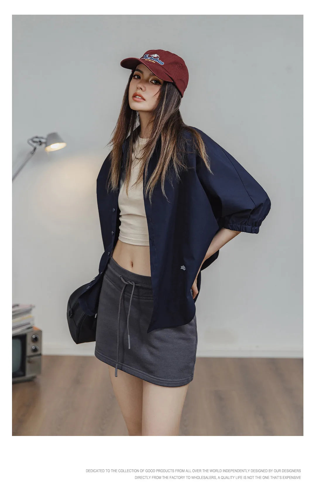 Maden 3/4-sleeved Shirt for Women Loose Blouse Batwing Sleeve Casual Breathable Stand Collar Tops Spring and Summer Blue Shirt