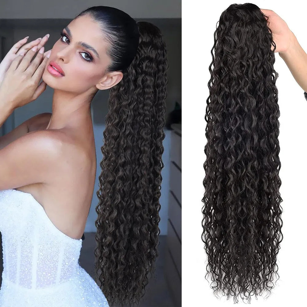 Synthetic Wig 24inch Long Curly Wave Drawstring Ponytail HairPieces Extension Heat Resistant Clip in For Women Girl
