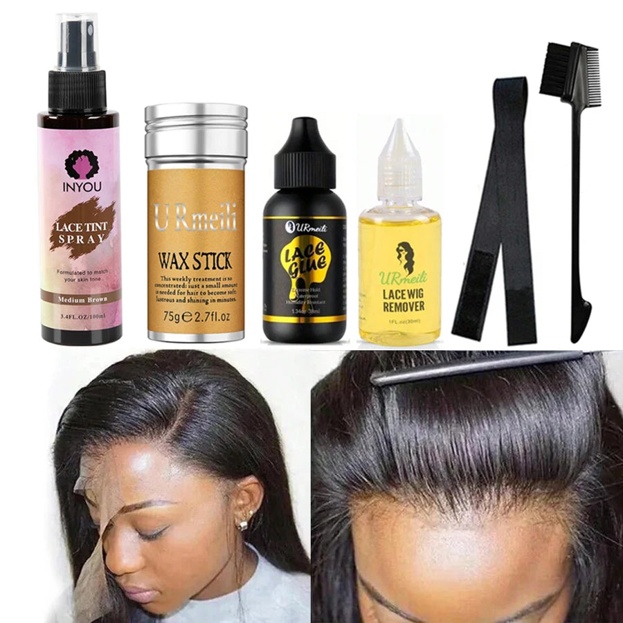 6Pcs Lace Wig Glue Kit with Lace Tint Spray Wig Installation Tool Set Includes Hair Wax Stick Lace Adhesive And Glue Remover