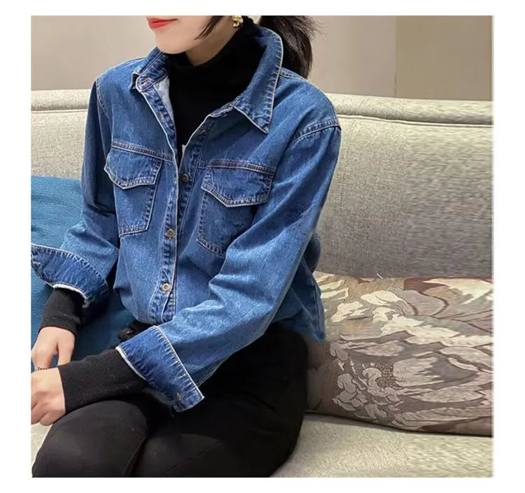 Retro Blue Shirt Denim Shirt for Women Autumn 2025 New Design Shirts Long Sleeved Solid Single Breasted Jeans Jacket for Women
