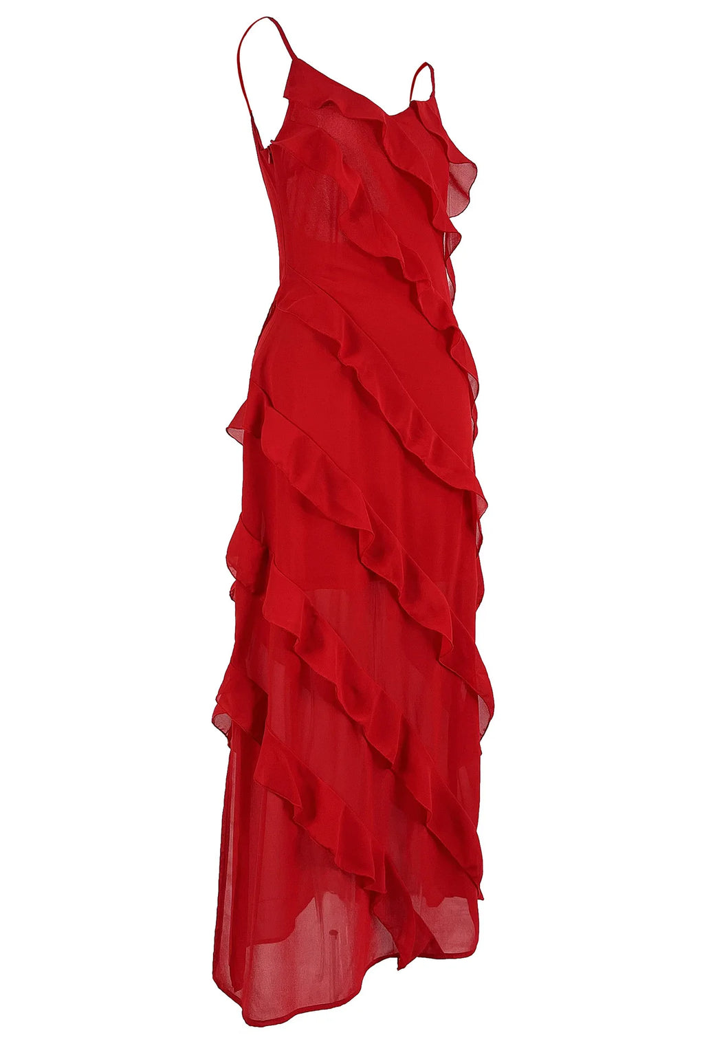 New 2025 Women's Ruffles Chiffon Maxi Dress Backlesss Split Sexy Porm Dress Red Long Summer Wedding Party Dress Elegant Vestidos