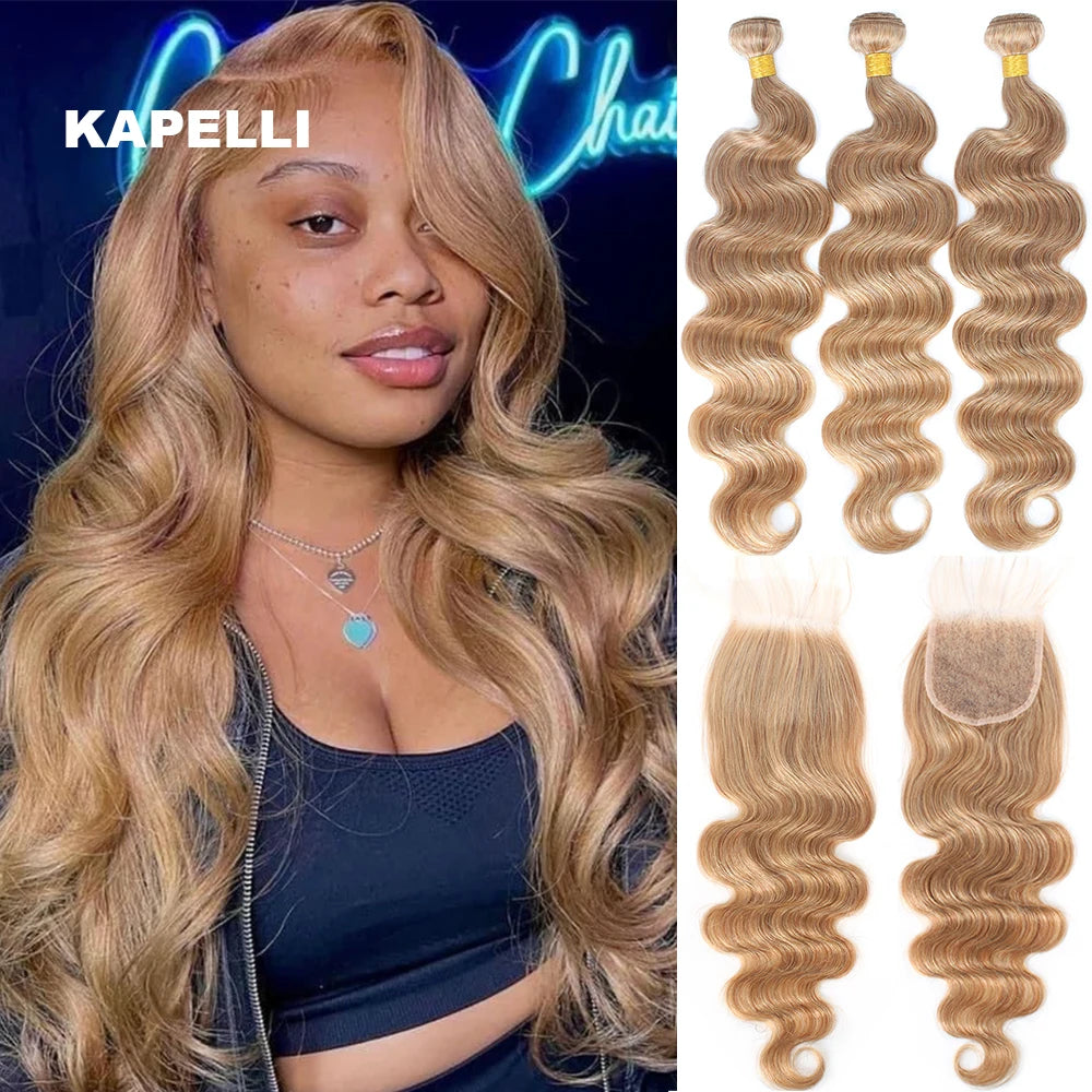 #27 Honey Blonde Human Hair Bundles with Closure Body Wave Bundles Hair With 4x4 Closure Brazilian Hair Weave Bundles Hair Remy