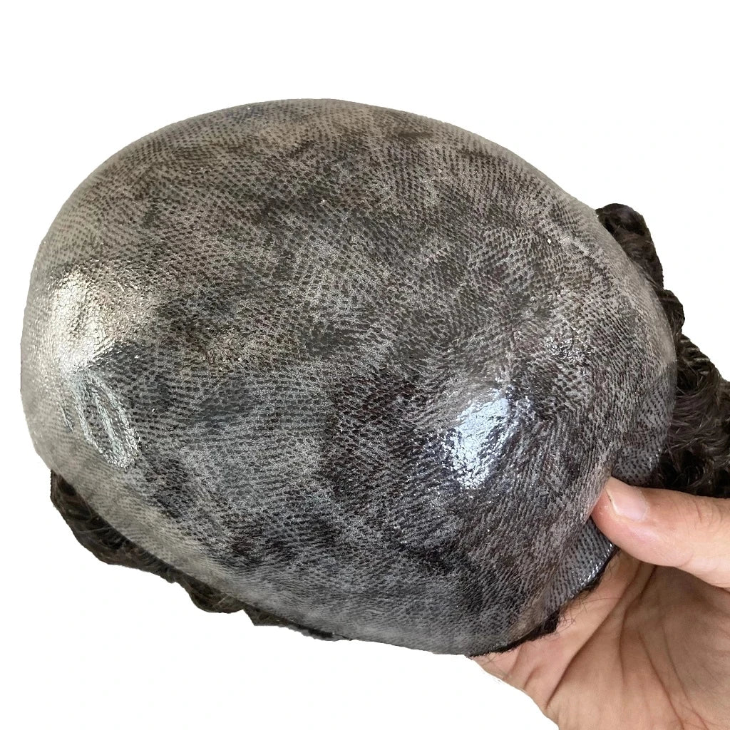 Men 26mm Natural Curly Human Hair Toupee Hair Replacement Capillary Prosthesis 100% Human Hair Durable skin Base Poly Easy Wear
