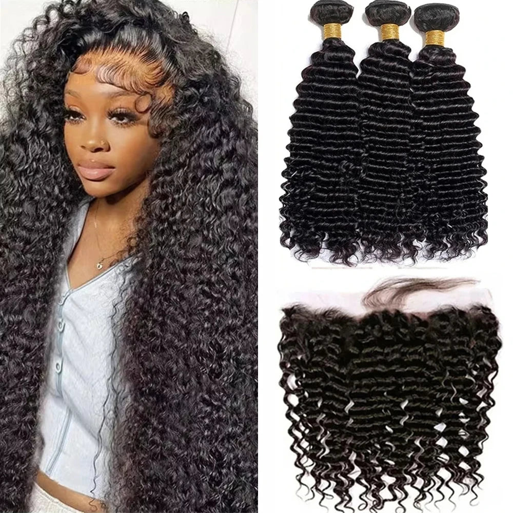 Deep Water Wave Bundles With Closure Frontal 100% Unprocessed Raw Human Hair Full And Thick 3 Bundles With 13x4 HD Lace Frontal