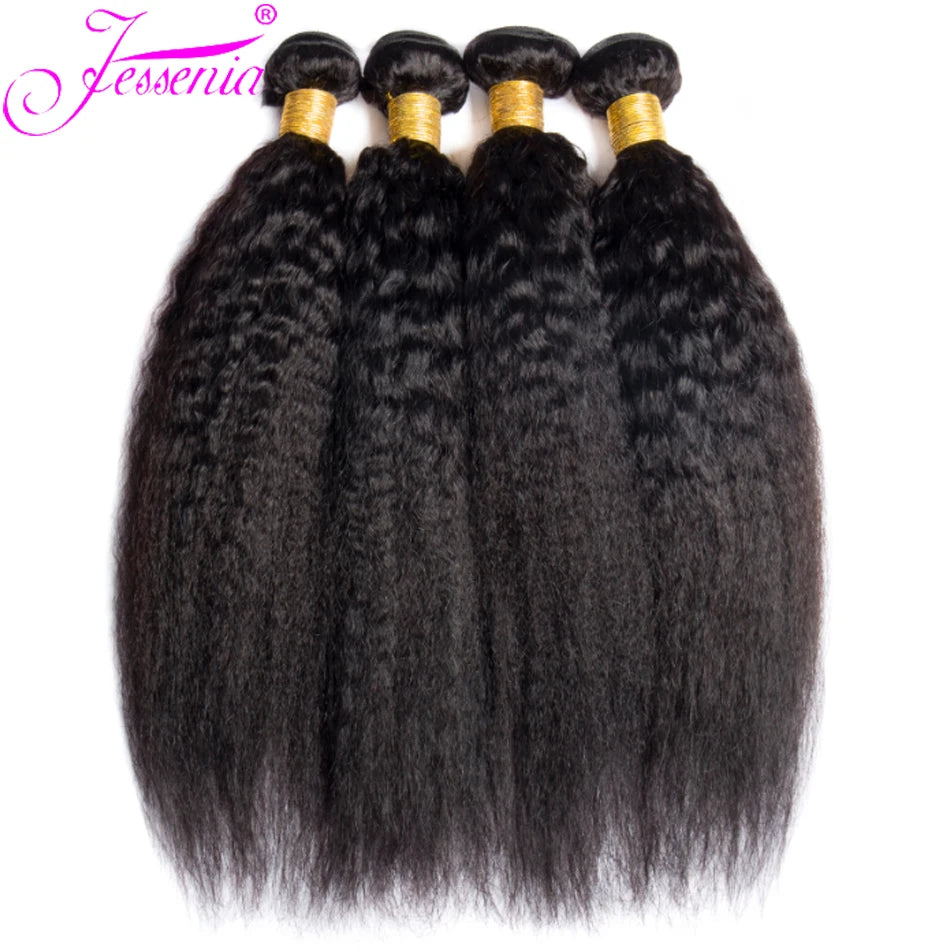 Kinky Straight 100% Raw Human Hair Bundles And Closure 4X4 3Bundles Yaki Straight Hair with HD Transparent Lace Frontal Tissage