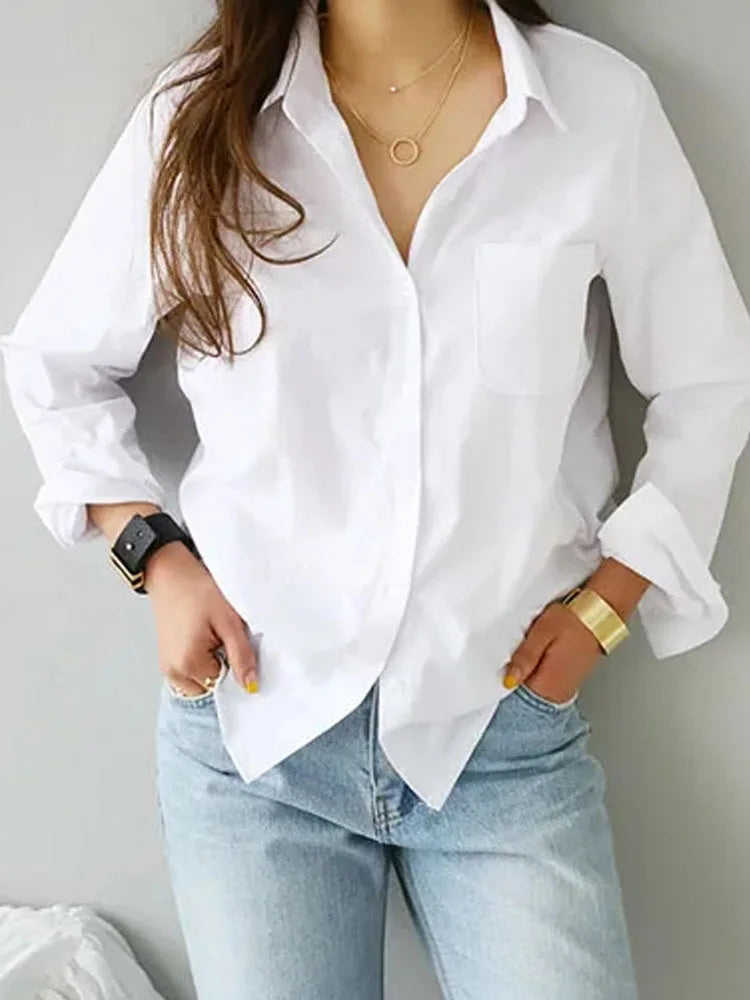 OL Style Tops Fashionable Commuting Style Long Sleeved Lapel White Shirt Elegant Office Lady Cotton Blouse Camisa Feminina 3496