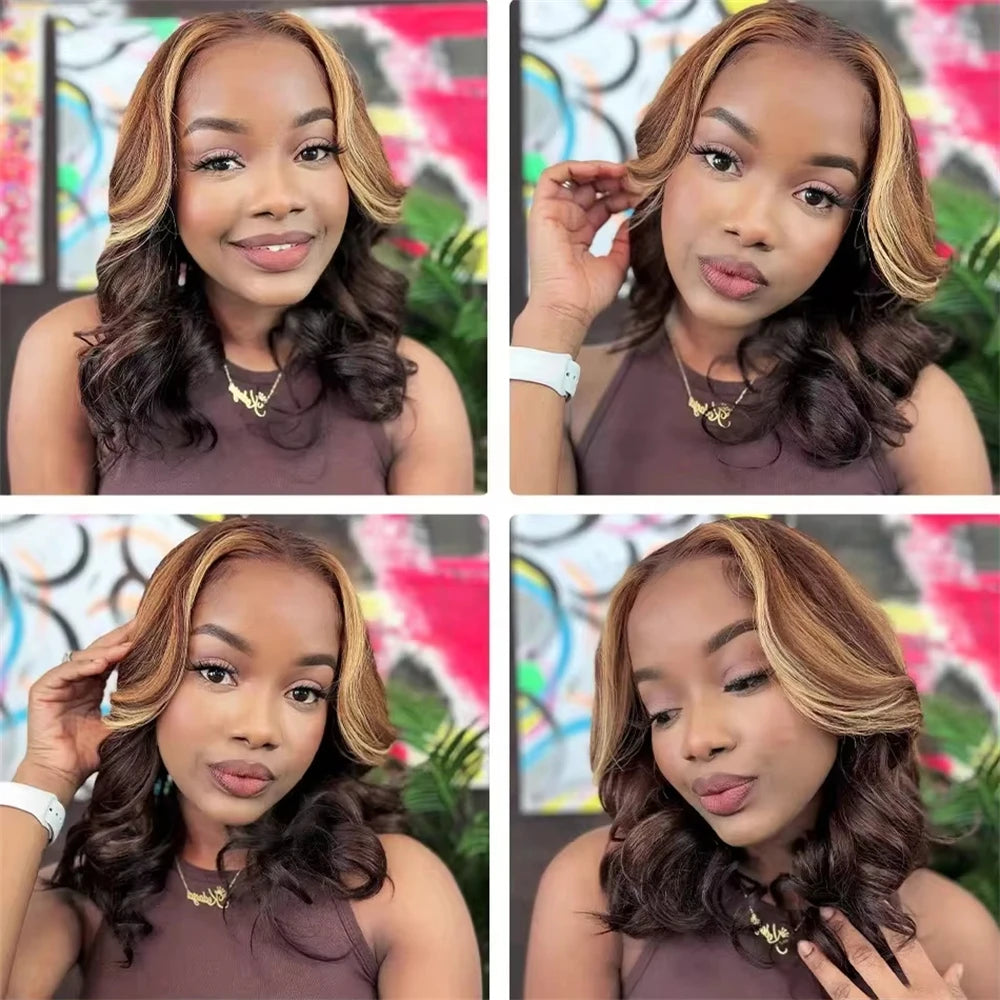 Body Wave 4/27 Color Short Bob Wig Ombre Blonde 13x4 Lace Frontal Wig Highlight Brown Mix Blonde 100% Human Hair Preplucked Bob