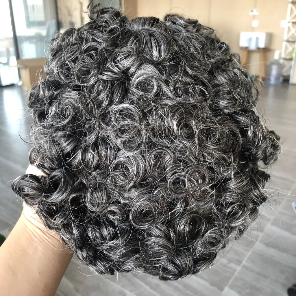 Men 26mm Natural Curly Human Hair Toupee Hair Replacement Capillary Prosthesis 100% Human Hair Durable skin Base Poly Easy Wear