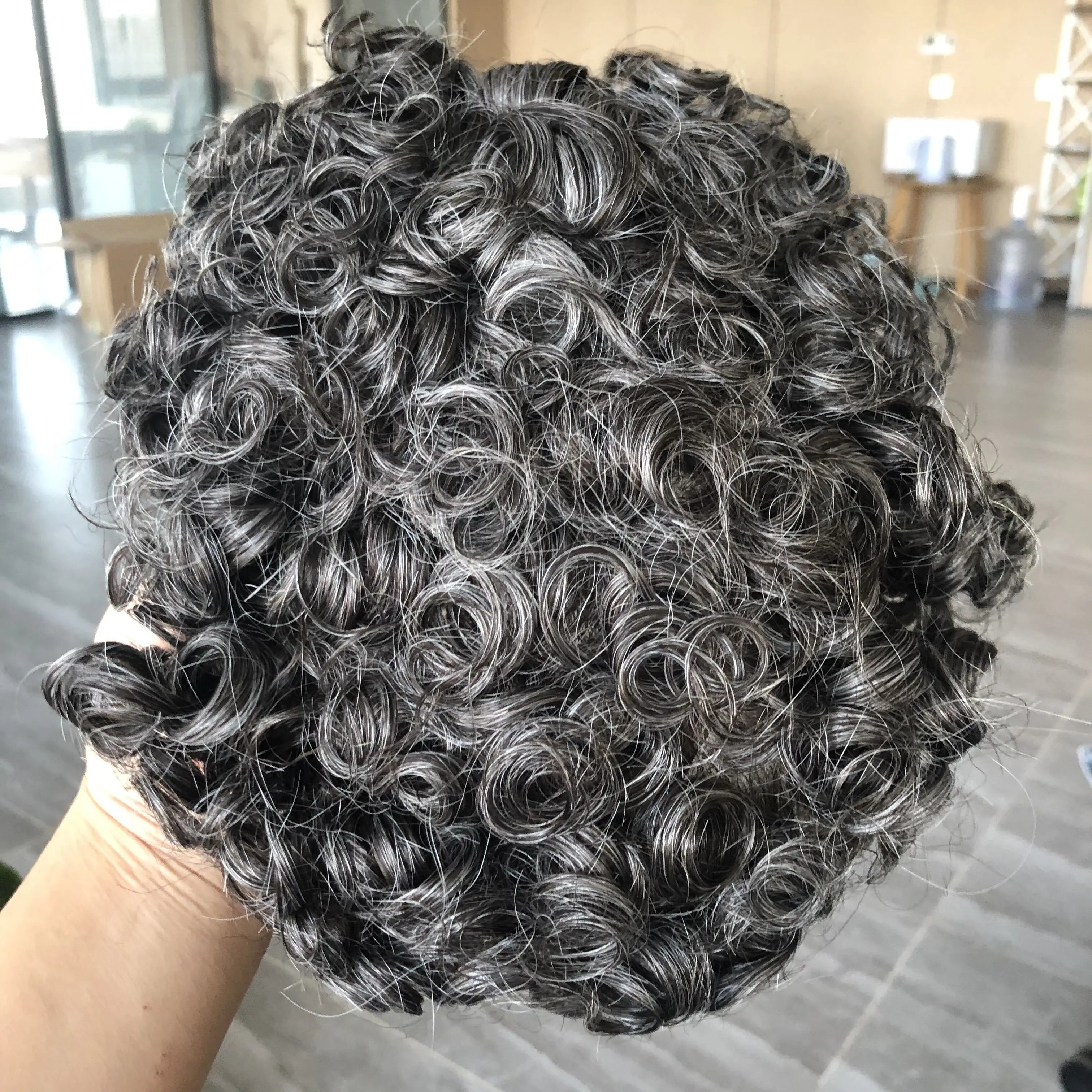 Men 26mm Natural Curly Human Hair Toupee Hair Replacement Capillary Prosthesis 100% Human Hair Durable skin Base Poly Easy Wear