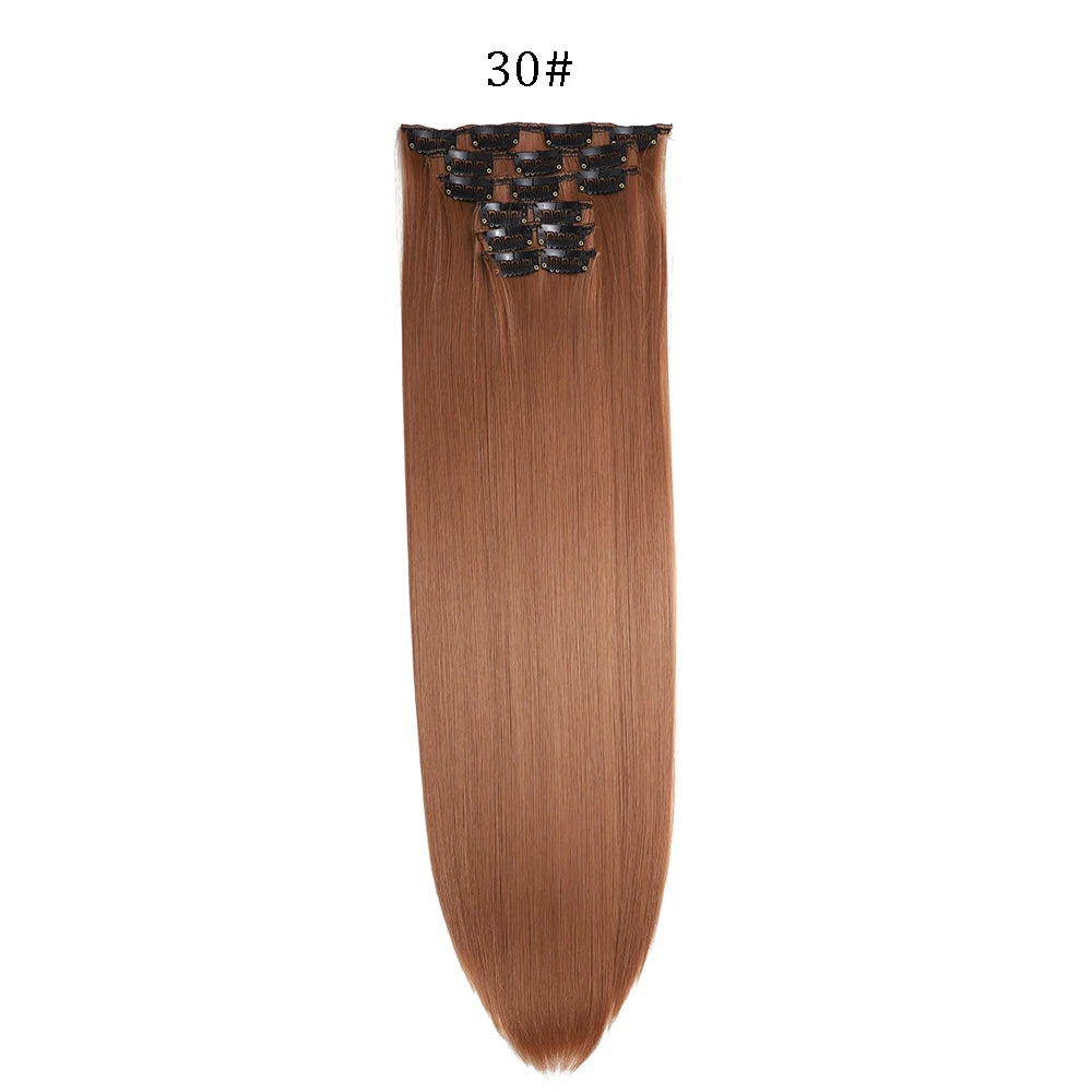 24 inches Synthetic Long Straight Hairstyle 16 Clips 6Pcs/Set Hair Extensions Blonde Black Hairpieces Heat Resistant For Women