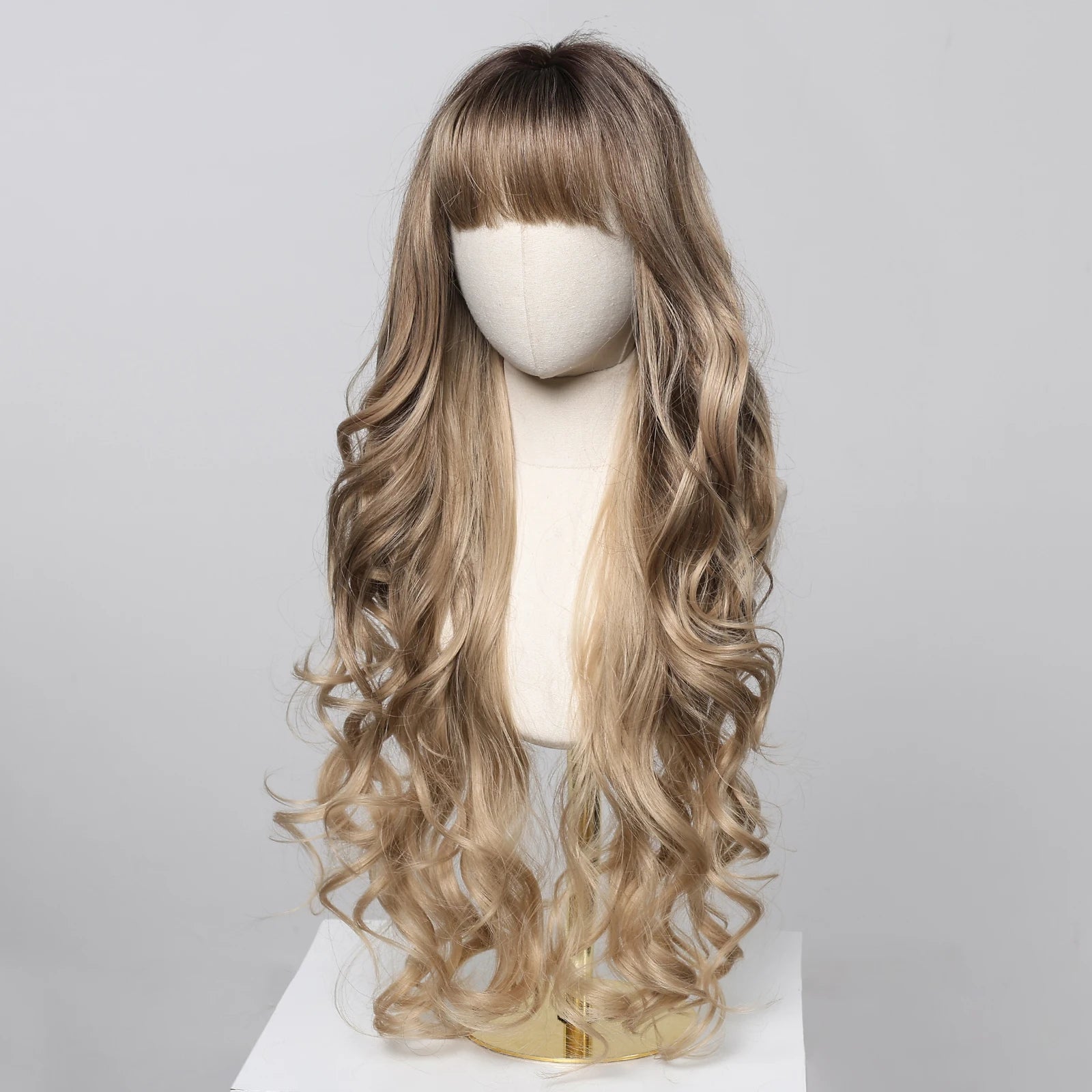 Loose Body Wave Synthetic Wigs Long Brown Blonde Ombre Wig with Bangs Wave Curl Wigs for Black Women Heat Resistant Daily Party