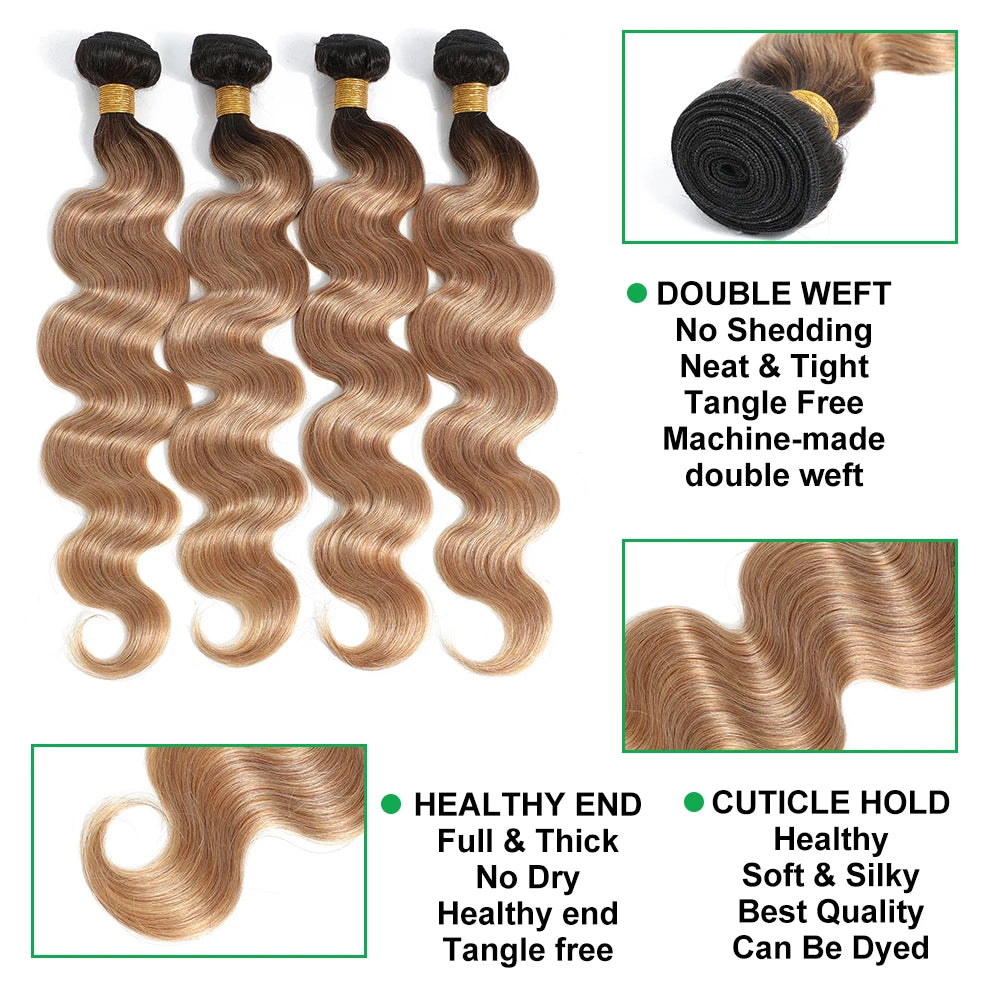 #27 Honey Blonde Human Hair Bundles with Closure Body Wave Bundles Hair With 4x4 Closure Brazilian Hair Weave Bundles Hair Remy