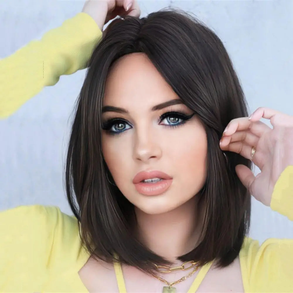 Brown Black Short Straight Synthetic Wig Women's Bob Shoulder-Length Hair Wig For Everyday Cosplay Natural Heat-Resistant Fiber