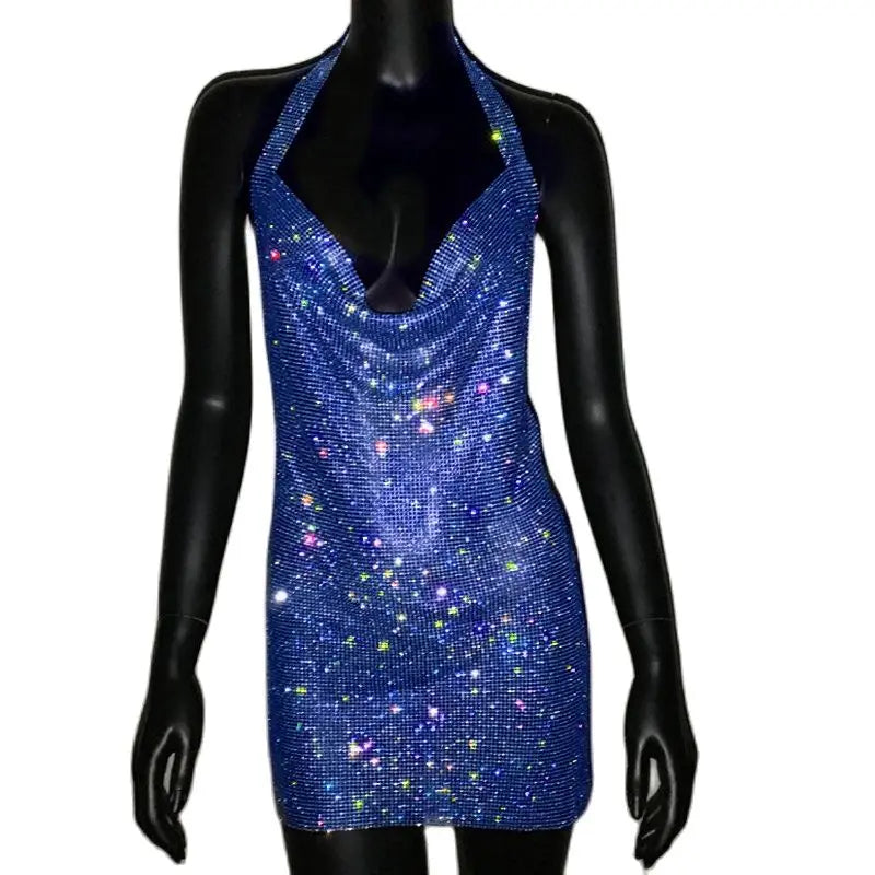 Bling Rhinestone Backless Dress Sexy Deep V Neck Sleeveless Side Split Halter Dress Nightclub Party Evening Dresses