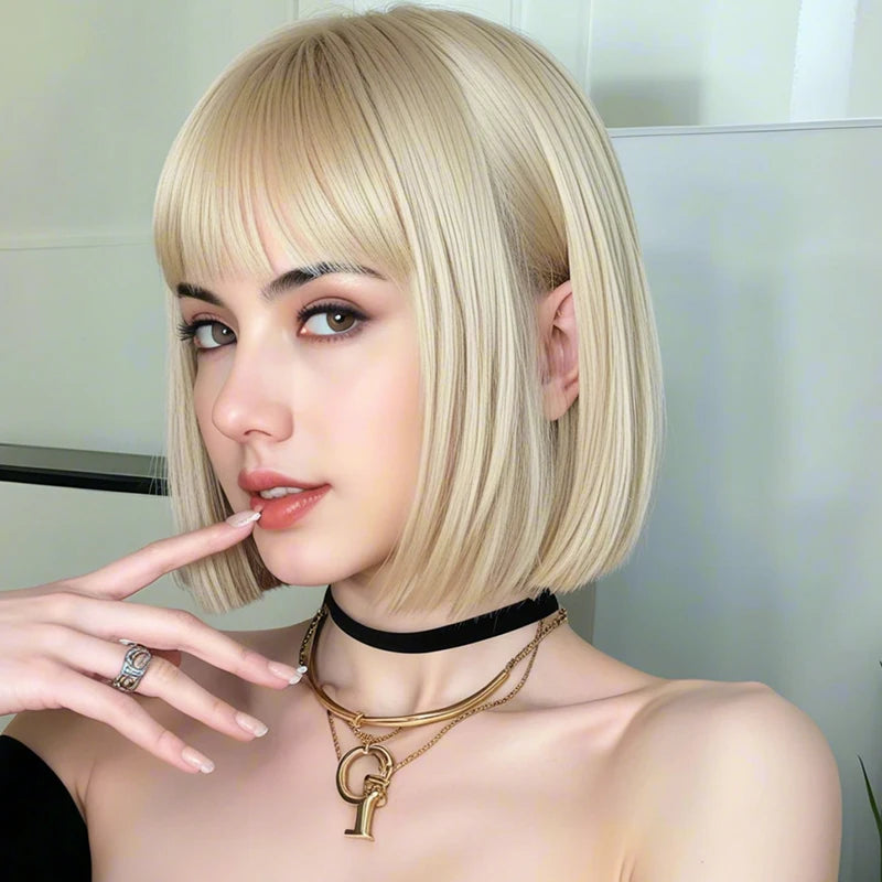 Blonde bangs wig 12 inches, high-temperature heat-resistant synthetic fiber, slimming face shape, suitable for daily wear and ro