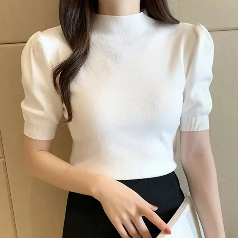 Spring Summer Half Turtleneck Knitted Shirt Casual Fashion Elegant Simple Tops Slim Fit Solid Pleated Puff Short Sleeve Blouse