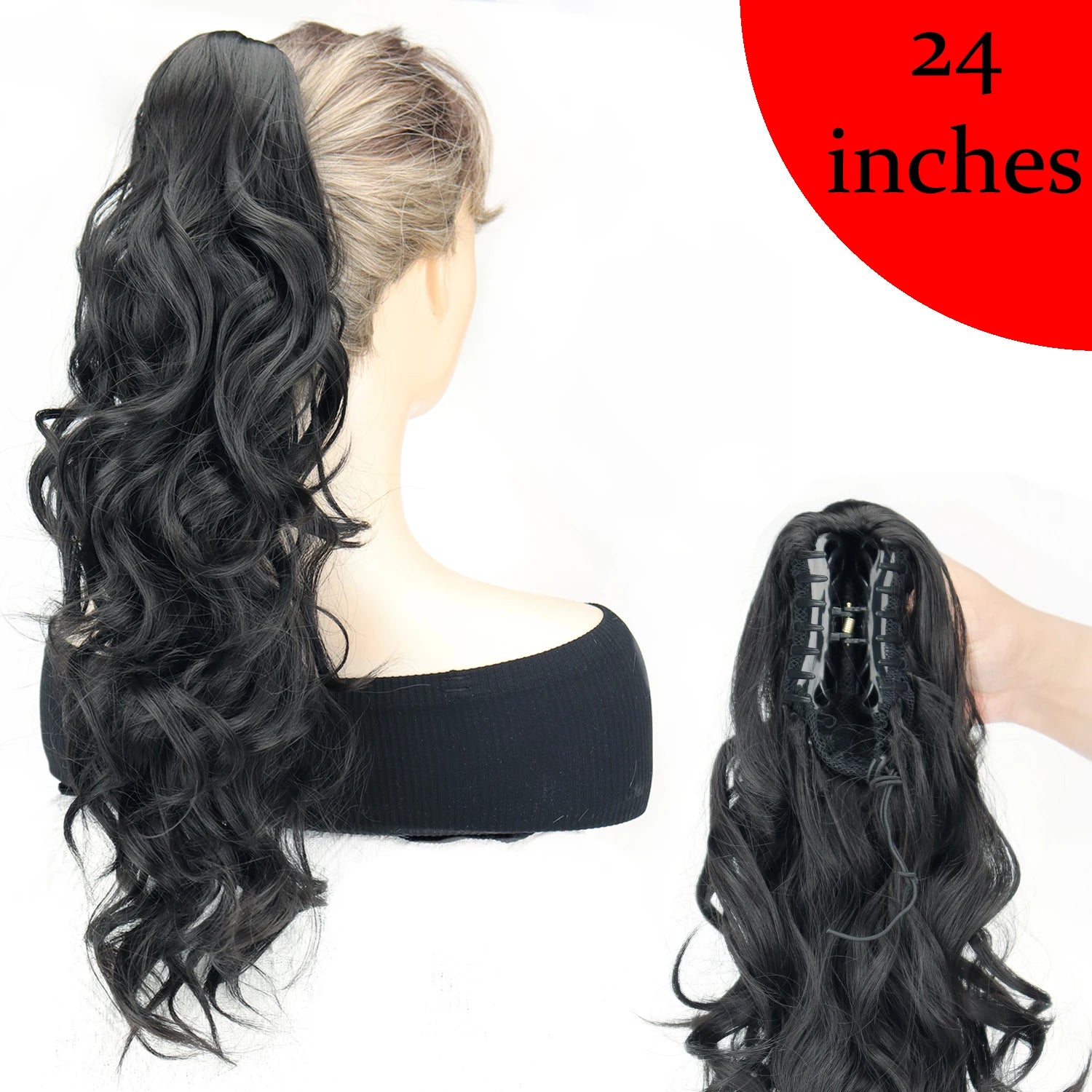 Synthetic Claw Clip Ponytail 18Inch Long Wavy Black Brown Heat Resistant Type Layered Horse Tail  Hair Extension