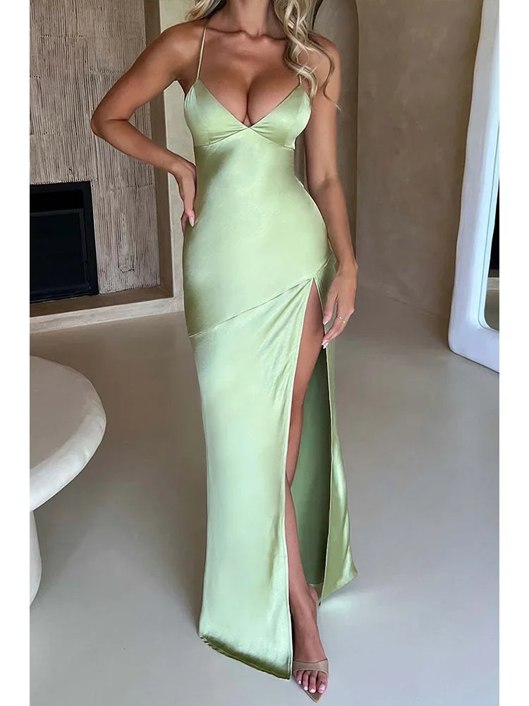 Bandage Backless Elegant Dress Split Hem Spaghetti Strap Slim Cocktail Party Club Fashion Satin Solid Lace-Up Long Dresses