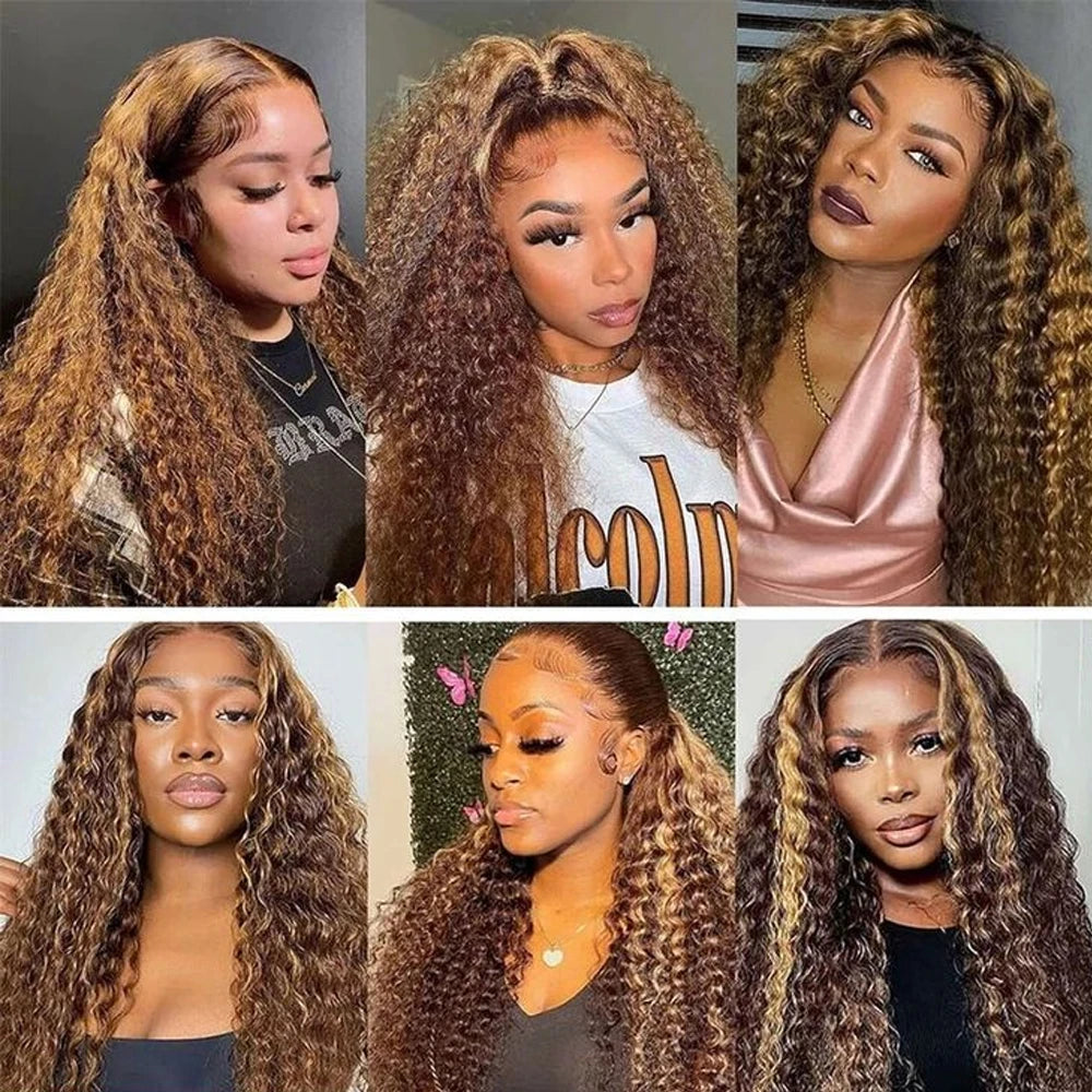 Deep Wave 30 Inch Invisible Strap 360 Full Lace Front Wig Honey Blonde Highlight Deep Curly Frontal Wig Glueless Wig Human Hair