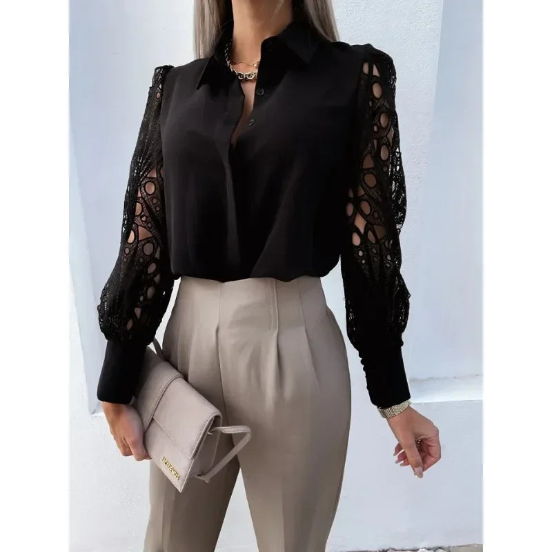 New Fashion Women's Commuter Casual Shirt Elegant Solid Color Lace Spliced Shirt Fashion Flip Collar Button Long Sleeved Shirt