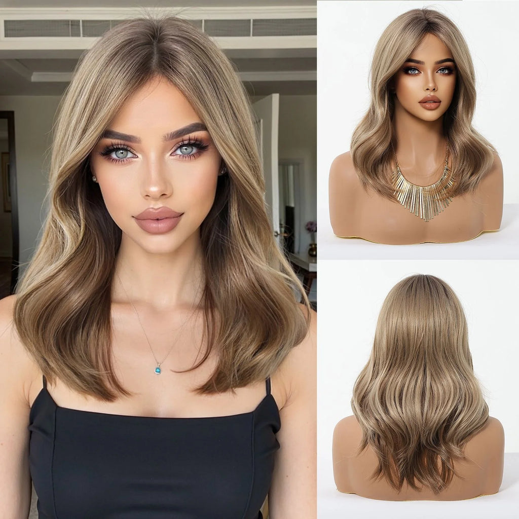 HENRY MARGU Medium Length Wavy Synthetic Hair Wig for Women Copper Wavy Fake Hair Middle Part Daily Club Wigs High Temperature