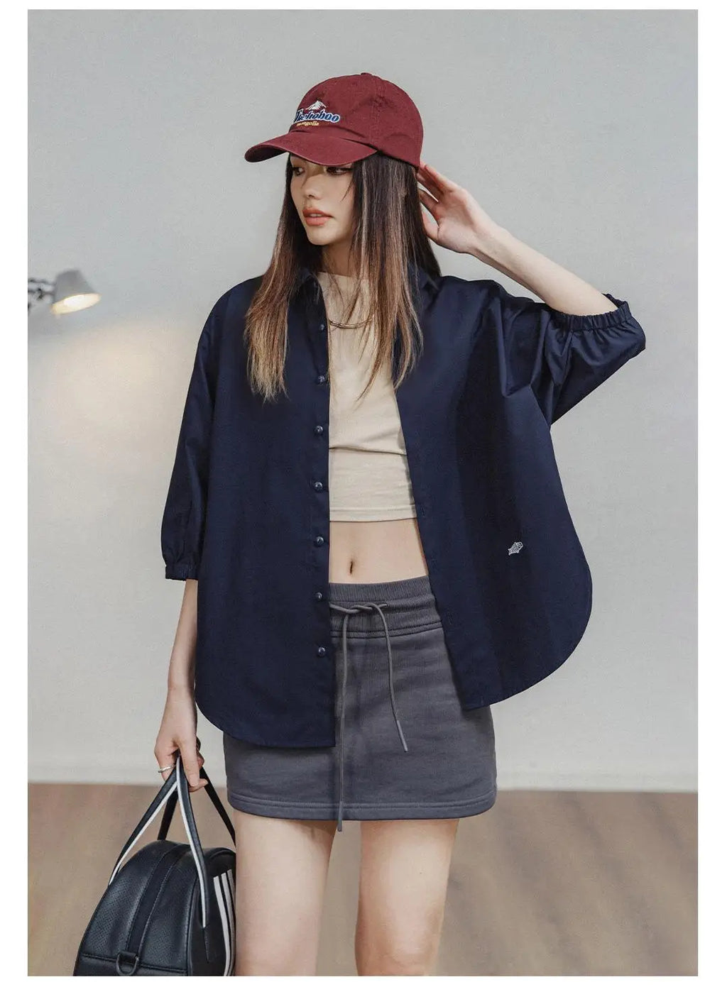 Maden 3/4-sleeved Shirt for Women Loose Blouse Batwing Sleeve Casual Breathable Stand Collar Tops Spring and Summer Blue Shirt