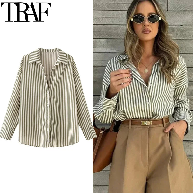 HXAO 2025 Shirts Blouses New Long Striped Shirt Women Long Sleeve Casual Shirts Large Tops Summer Plain Button Up Shirts 088
